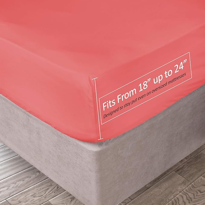 Clara Clark Deep Pocket Twin XL Fitted Sheet Fits up to 21 Inch Mattress - Super Soft Twin XL Fitted Sheet Only, Fade, Stain Resistant - Coral Pink Fitted Sheet Twin XL Size,