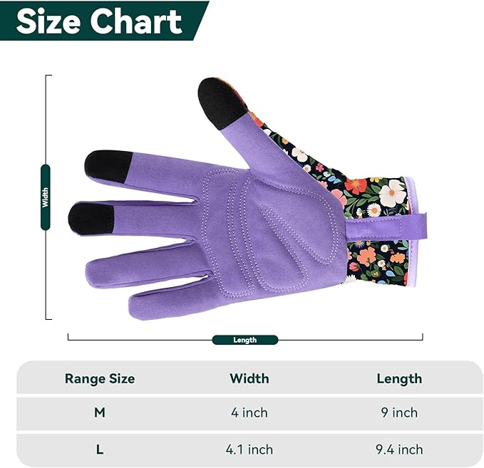Gardening Gloves for Women, Printed Touchscreen Garden Gloves with Grip, Thorn-Proof Puncture-Resistant Work Gloves