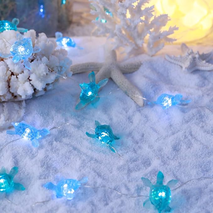 Blue Sea Turtle String Lights Battery Powered Summer Beach Decor with Remote Acrylic Sea Turtle Decor for Bathroom Shower Curtain