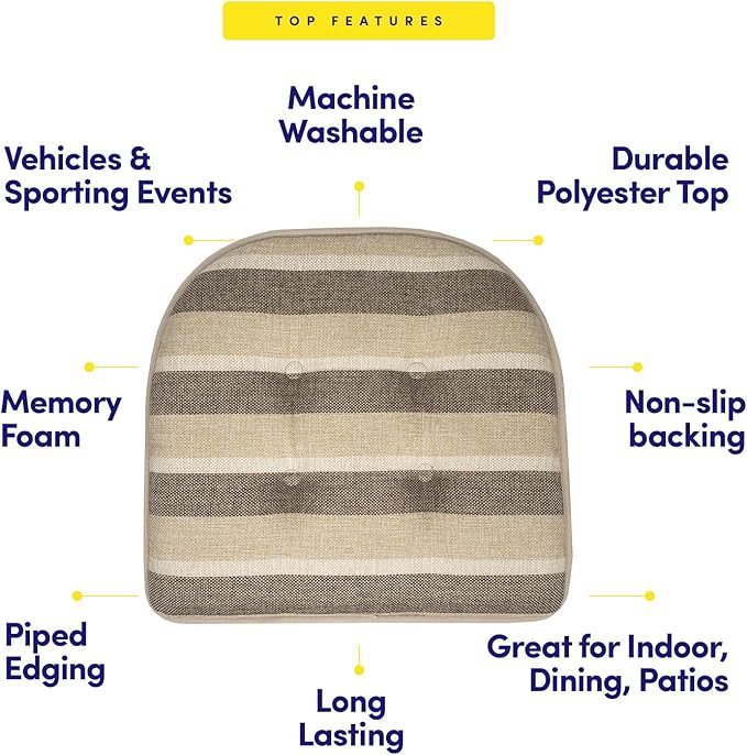 Sweet Home Collection Chair Cushion Memory Foam Pads Tufted Slip Non Skid Rubber Back U-Shaped 17" x 16" Seat Cover, 6 Count (Pack of 1), Bradford Beige/Brown