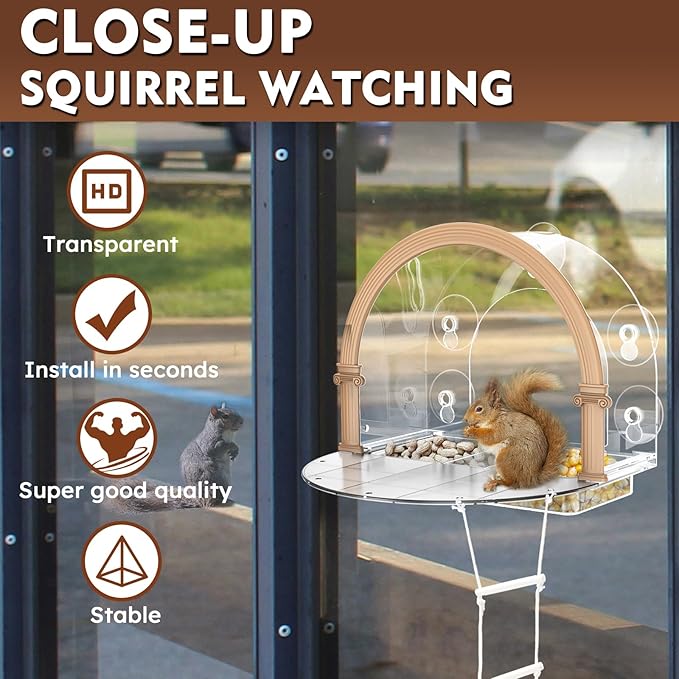 Window Squirrel Feeder, Large Squirrel Feeder for Outside,Funny Squirrel House with 5 Suction Cups，Plastic Squirrel Feeder which Easy to Install,No Assembly Required