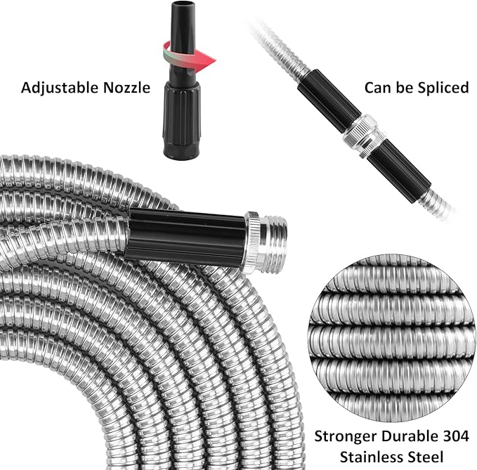 25ft Garden Hose Made by Metal with Super Tough and Soft Water Hose, Household Stainless Steel Hose, Durable Metal Hose with Adjustable Nozzle, No Kinks and Tangles, Easy to Store with Storage Strap