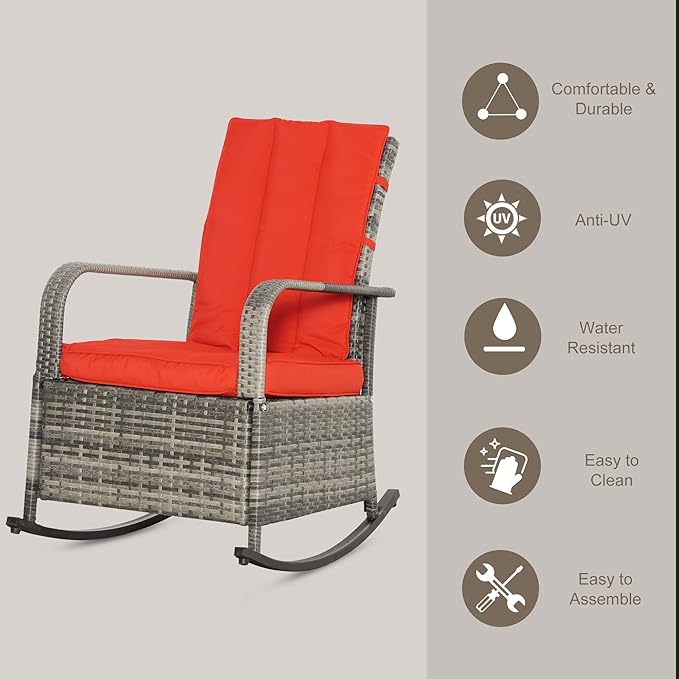 Outsunny Wicker Outdoor Rocking Chair, Patio Recliner with Adjustment Backrest, PE Rattan Lounge Chair with Adjustable Footrest and Cushions for Garden, Backyard, Porch, Red