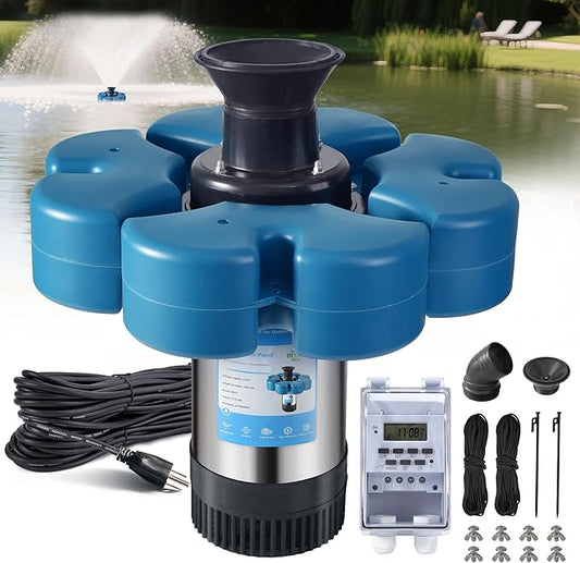 RELIY Pond Fountain Aerator, 1HP 110V 15000 GPH Fountain Pump, Fully Automatic Powerful Lake Floating Fountain, 100 FT Power Cord, 2x100 FT Traction Rope, (Stainless steel+Time switch)