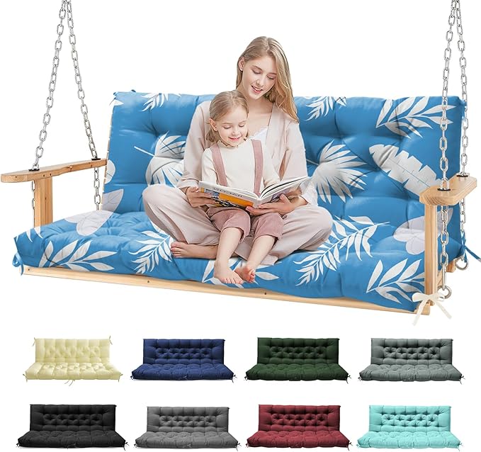 Porch Swing Cushions, Waterproof Patio Swing Cushions for Outdoor Furniture Thickened Outdoor Swing Bench Cushions 2-3 Seater Replacement with Ties for Patio Swing (Blue Leaf, 60x40 Inch)