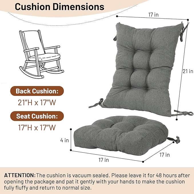 Lokex Rocking Chair Cushion 4 Inch Extra Thick, Cushions for Rocking Chairs Set of Seat and Back with Ties, Linen Fabric Indoor Outdoor Rocker, 17x21 & 17x17 Inches (Dark Grey)
