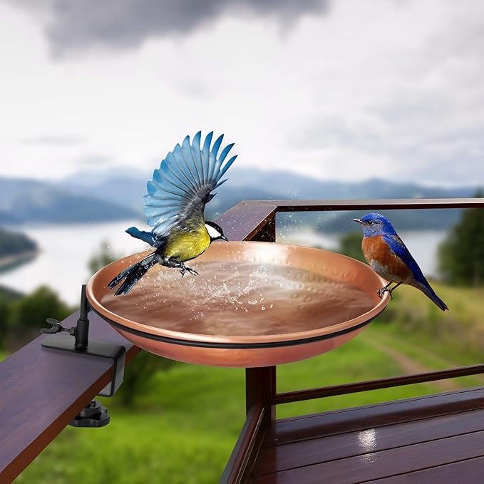 Monarch Abode Deck Mounted Bird Bath & Bird Feeder for Outdoors – Pure Copper Hand Hammered Birds Bath Bowl w/Detachable Iron Clamp, Birdfeeder and Birdbath for Outdoors Garden Backyard