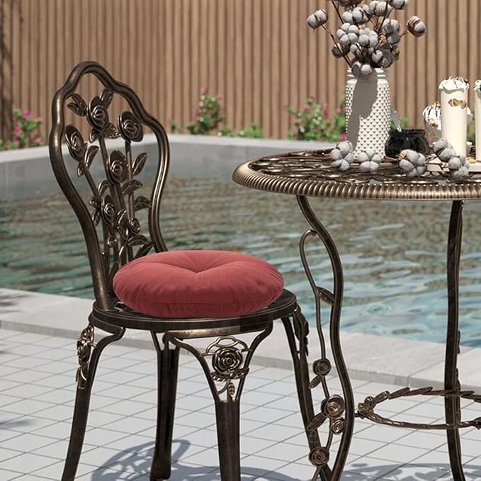 FUNHOME Bistro Chair Cushions 15 inch,Set of 2,Tufted Round Chair Cushions with Ties,15"x15"x4",Water Resistant Round Seat Cushion for Barstool Chairs,Patio Garden Kitchen Outdoor Furniture(Dark Red)