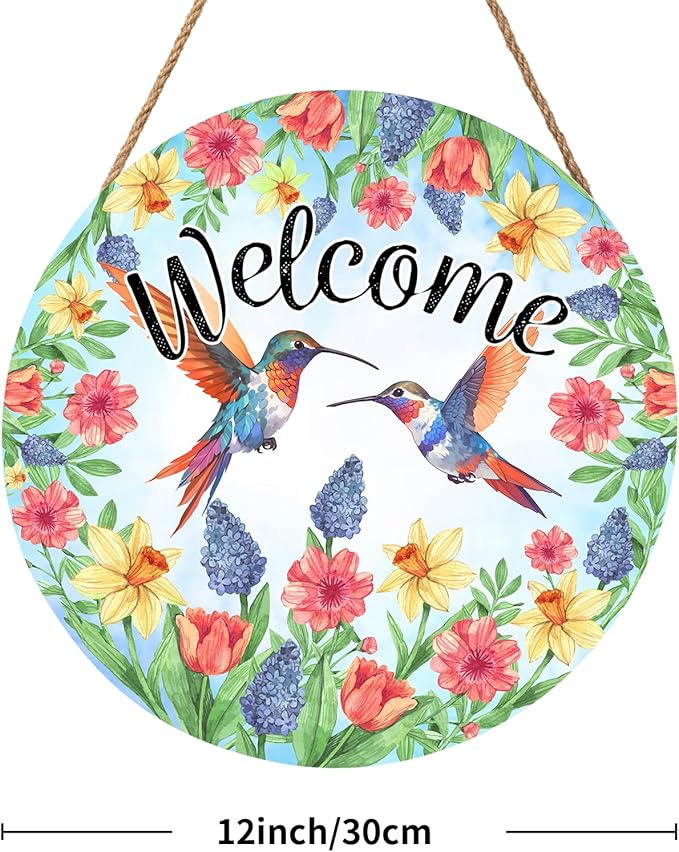 Spring Summer Hummingbird Birds Door Sign Round 12 X 12 Inches Welcome Spring Door Hanger Wall Pediment Farmhouse Floral Door Hanging for Yard Porch Seasonal Summer Decoration Welcome Sign