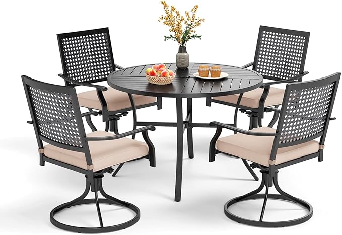 PHI VILLA 5 Pieces Outdoor Round Dining Set for 4, 42" Metal Wrought Iron Table with Umbrella Hole & Swivel Chairs with Cushions, Modern Patio Furniture Set for Deck, Yard, Porch
