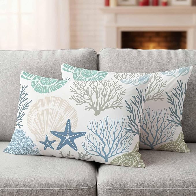 Blue Ocean Shells Coral Waterproof Pillow Covers Set of 2,Conch Starfish Marine Life Outdoor Pillow Protectors with Zipper Pillowcases for Patio Tent Garden Beach 20x12 Inches