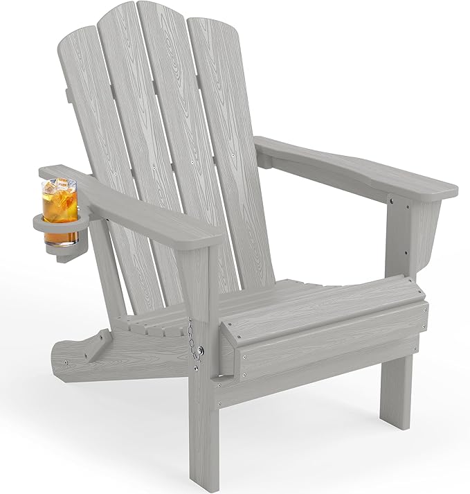 KINGYES Folding Adirondack Chair, HDPE All-Weather Patio Chairs with Cup Holder, Wooden Textured Fire Pit Chairs for Poolside, Backyard, Deck, Silver Grey