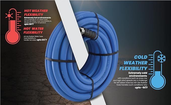 AG-LITE BSAL5850 5/8" x 50' Hot/Cold Water Rubber Garden Hose, 100% Rubber, Ultra-Light, Super Strong, 500 PSI, 50F to 190F Degrees, High Strength Polyester Braided