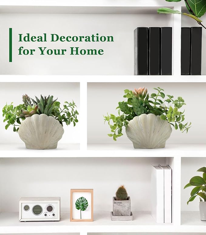 Lewondr Fake Plants Set of 2, Assorted Faux Succulents Artificial Plants with Sea Shell Pots, Artificial Greenery in Coastal Beach Decor, Ocean Seashell Series for Home Bedroom Beach Theme Party