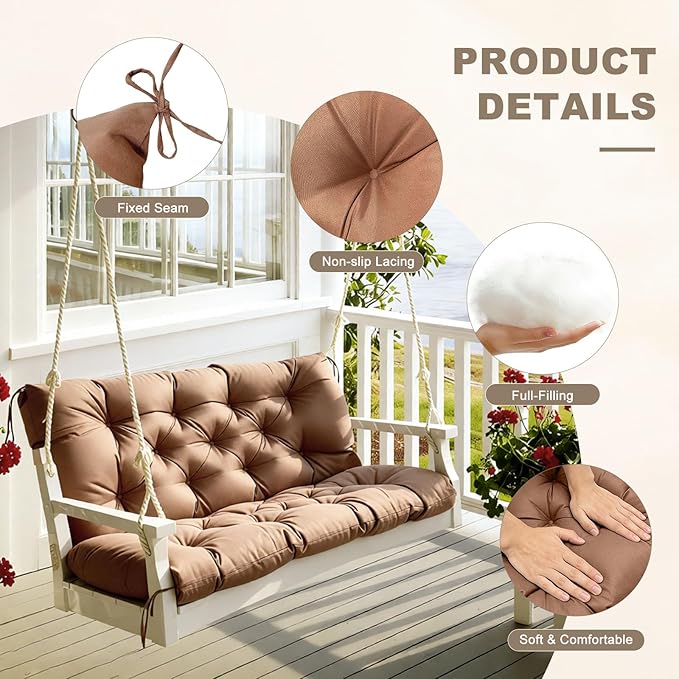 Porch Swing Cushion with Backrest,Waterproof Bench Cushion for Outdoor Furniture,2-3 Seater Replacement Thickened swing cushion with Ties,Patio,Outdoor,Backyard and Garden (Light Coffee,40x40")