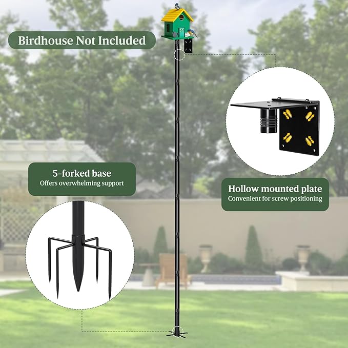 114-Inch Birdhouse Pole Stand, Heavy Duty Metal Bird House Mount with Ground Stake Base, Multi-Section Outdoor Pole for Birdhouses, Feeders & Garden Decor