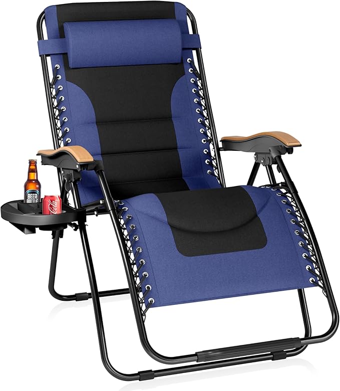 PHI VILLA XXL Oversized Padded Zero Gravity Chair, Foldable Patio Recliner, 30" Wide Seat Anti Gravity Lounger with Cup Holder, Support 400 LBS (Navy Blue)
