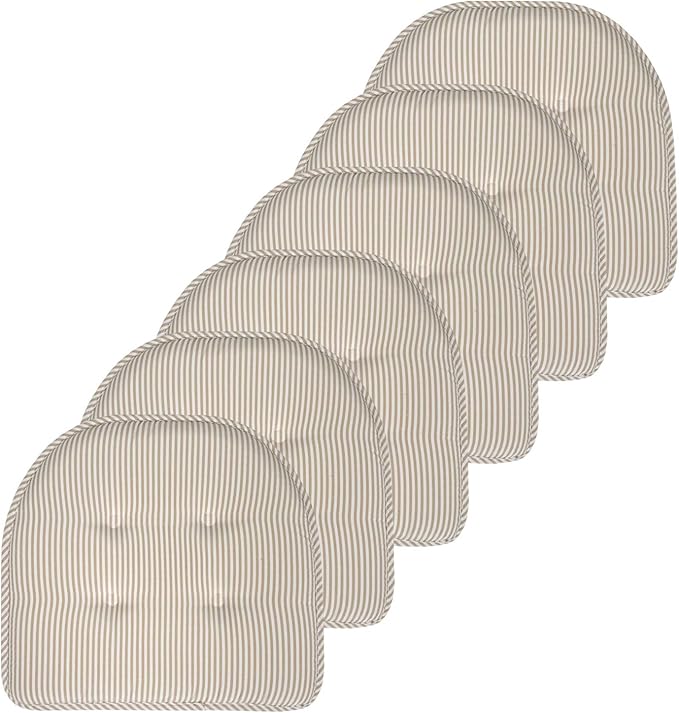 Sweet Home Collection Chair Cushion Memory Foam Pads Tufted Slip Non Skid Rubber Back U-Shaped 17" x 16" Seat Cover, 6 Pack, Pinstripe Taupe, (Pack of 2)