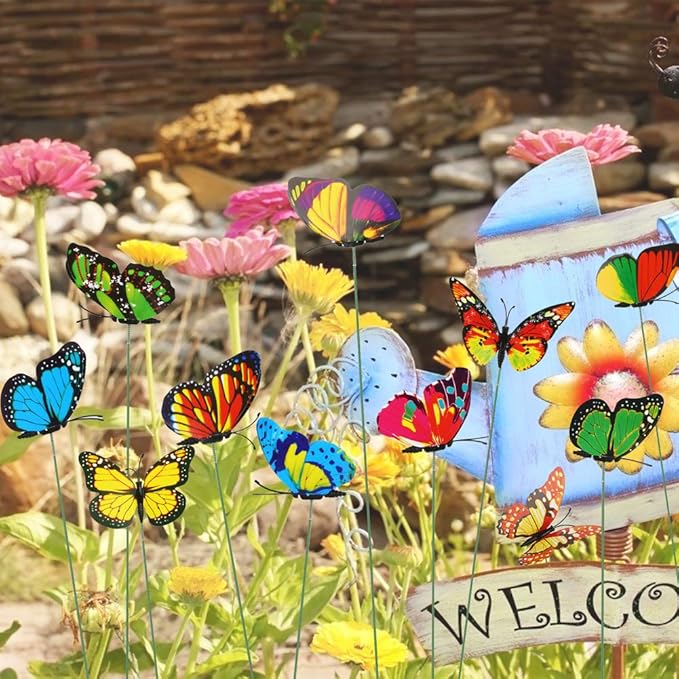 VGOODALL 50pcs Butterfly Garden Decorations, 11.5 inch Plastic Butterfly Stakes Ornaments Artificial Butterflies for Flower Bouquet Arrangements Crafts Outdoor Wall Patio Plant Yard Decor