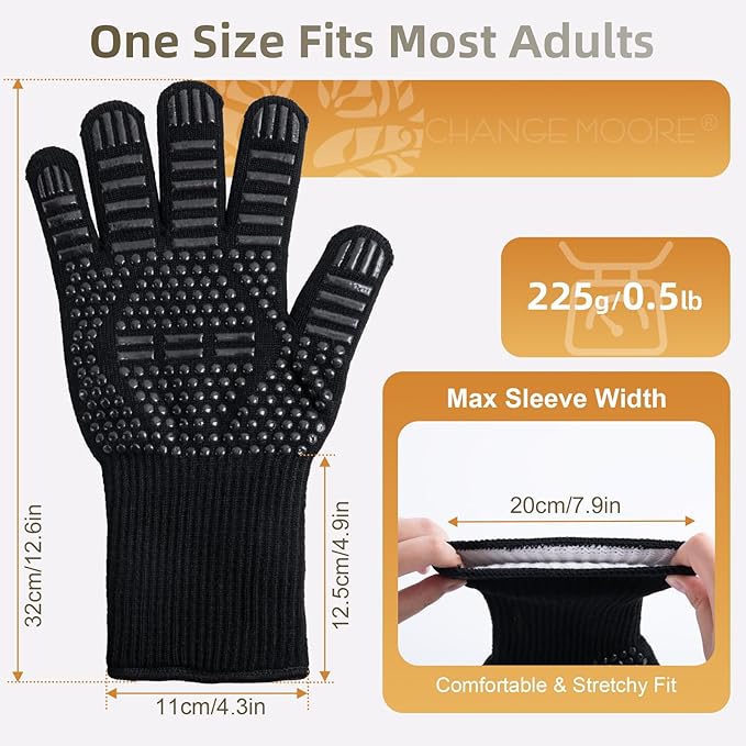 CHANGEMOORE 9.1'' Fire Pit Mat & Heat Resistant Gloves Set, Tabletop Protection with Foldable Stand, Barbecue Heat Resistant Mat for Tabletop Fire Pit, Long Wrist Non-Slip Silicone, up to 300°C