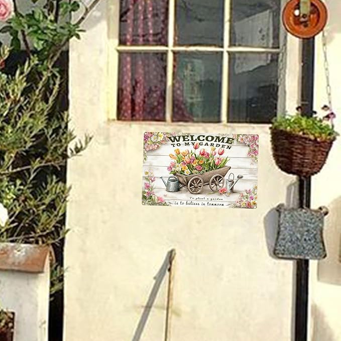 Vintage Garden Metal Tin Signs Flowers Welcome to My Garden Funny Tin Sign Rustic Indoor Outdoor Wall Decor for Home Yard Farmhouse Greenhouse Patio Porch Bar 12×16 Inch