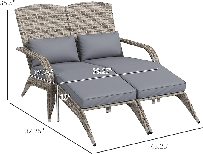Outsunny Wicker Adirondack Chair for 2 with Cushions & Footrests, PE Rattan Double Chaise Lounge Chair, Fire Pit Chair for Porch with Wide Armrests, High-Back, Gray