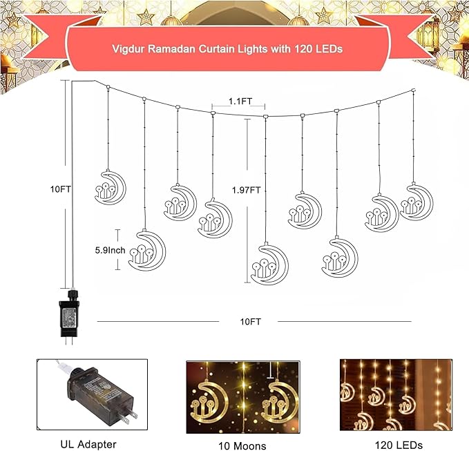 Vigdur Moon Ramadan Curtain Lights, 120 LEDs Warm White Eid Mubark Ramadan Curtain Fairy Lights with Remote & 8 Lighting Modes, Ramadan Decoration Lights for Home Holiday Eid Decorations(10FT)