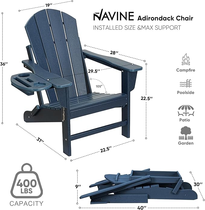 Adirondack Chair Set of 2, HDPE Folding Adirondack Chair with Multifunctional Cup Holder, Weather Resistant Fire Pit Chair for porches, patios, patios, poolsides, Decks.