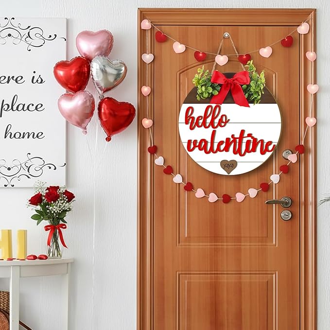 Boao Hello Valentine's Day Wooden Hanging Sign Farmhouse Door Decor Hello Valentine Vintage Heart Red Bow Door Wreath Rustic Wall Plaque Decorations for Window Wall Front Porch Hanger