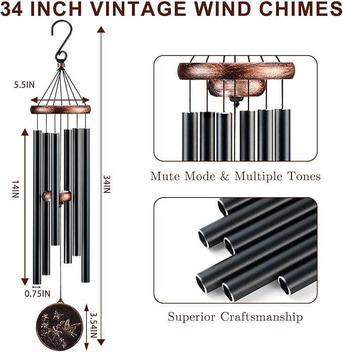 Wind Chimes for Outside, Vintage Butterfly Deep Tone Wind Chime Outdoor Clearance, Patio Porch Balcony Decoration, Garden Decor Birthday Gifts for Women Mom Grandma (34" Butterfly)