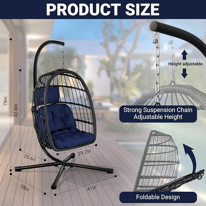 CHABATREE Egg Chair with Stand,Patio Rattan Wicker Hanging Swing Egg Chair Hammock Chair for Bedroom Porch Garden,Thickened Aluminum Alloy Steel Frame and UV Resistant Cushion,350LBS Capacity