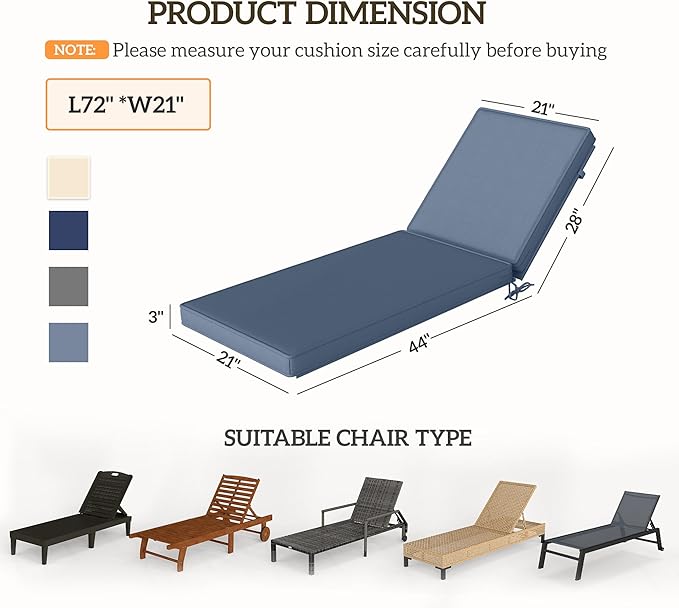 Outsunny Chaise Lounge Cushions Outdoor Set of 2, Fade Resistant, 72 x 21 x 3 in Sun Lounger Replacement Cushions, Patio Lounge Chair Pads with Removable Cover for Pool, Beach, Deck, Lawn, Blue