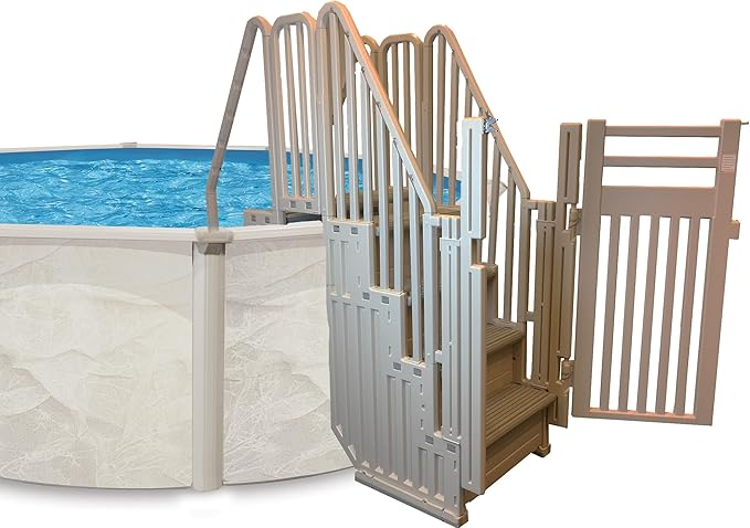 Confer Plastics Step Enclosure System: Above Ground Entry System, Dual Handrails, Slip-Resistant Steps, Supports 400 lbs, Easy Install – Made in USA, Warm Grey with Grey Step-1X Treads