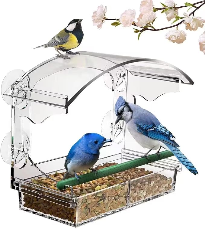 Window Bird Feeder with 4 Strong Suction Cups, Clear Window Feeder for Outside, Acrylic Bird House for Window, Large Outdoor Wild Bird Watching Gift