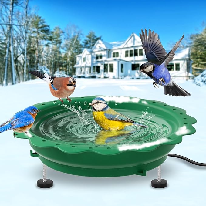 Heated Bird Bath for Outside Winter, Powerful 100W Thermostat Control Heated Bird Baths for Outdoors with 3 Metal Extension Screws, Heated Birdbath Water Heater for Garden Yard Patio Lawn(Green)