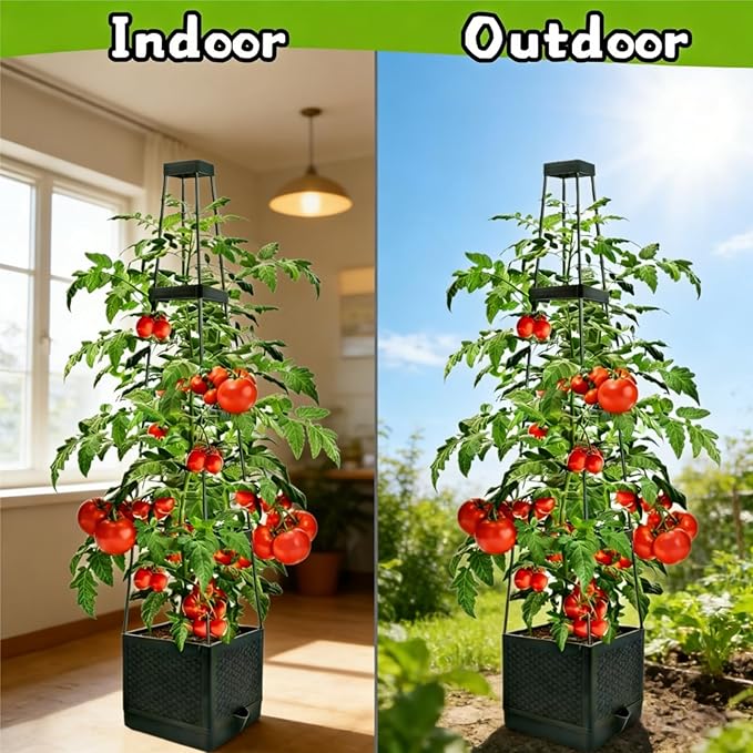 2Pcs Raised Garden Bed Tomato Planter Box with Trellis, 57 Inch Self-Watering Large Tomato Cage for Patio Garden Pots, Climbing Plants Cucumber Vine Vegetables Flowers Outdoor & Indoor