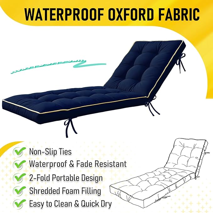 80x26 Inch Folding Chaise Lounge Cushion Quick Dry - Outdoor Sun Lounger Seat Pad with Shredded Foam for Patio Furniture, Deck Chairs, Poolside (Blue, 80 INCH × 26 INCH)