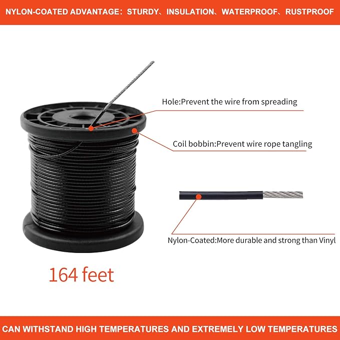 String Lights Hanging Kit,Globe String Lights Suspension Kit,Outdoor Light Guide Wire,Includ 164 FT Nylon-Coated Stainless Steel Wire Rope Cable,Turnbuckle and Hooks,Enough Accessories,Use Manual