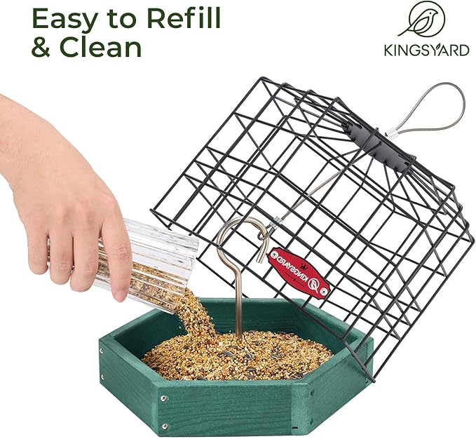 Kingsyard Squirrel Proof Platform Bird Feeders for Outdoor Hanging, 10" Wide Metal Caged Bird Feeder for Small Wildbirds Finches, Recycled Plastic Feeding Platform with Metal Seed Tray, Green