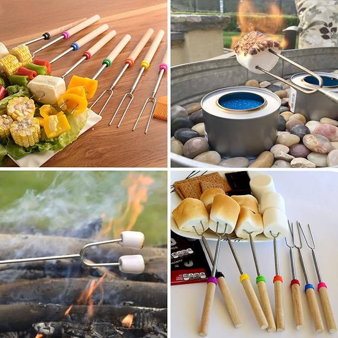 Marshmallows Roasting Sticks - Smores Sticks for Fire Pit Extras Long Extendable Smore Skewers Hot Dog Sticks for Campfires, 32 Inch Telescoping Forks Set of 15Pcs