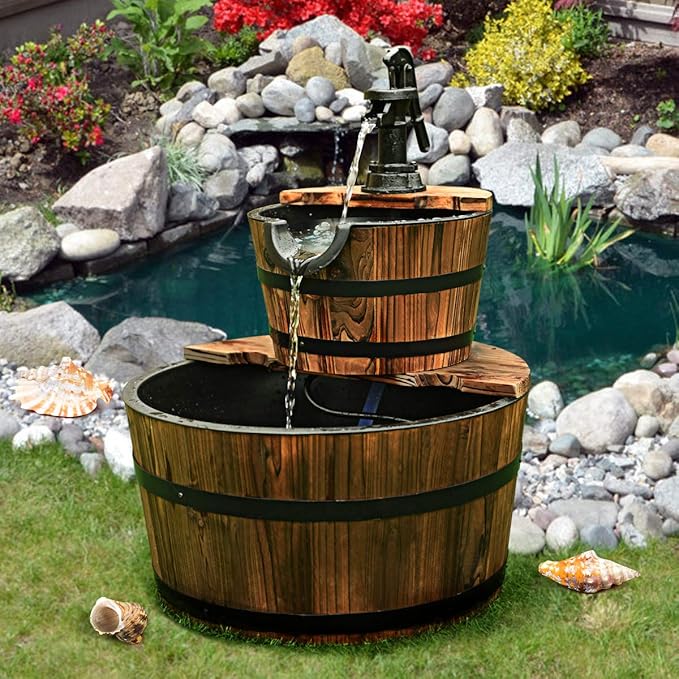 Giantex 2-Tier Barrel Waterfall Fountain Outdoor, Rustic Wood Barrel Cascading Water Fountain with Electric Pump, Outdoor Water Feature with Decorative Hand for Garden Patio Backyard Lawn Porch