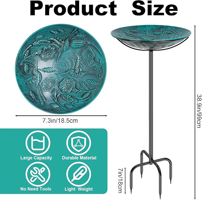 Metal Bird Bath for Outside, Vintage Freestanding Birdbaths & Birdfeeder, Bird Baths Feeder Bowl for Outdoors Garden Patio Yard Lawn Decor (Retro Blue)