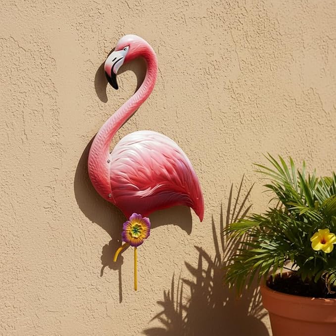 Large Pink Flamingo Wall Decor-Tropical Bird Decor for Indoor Outdoor, Metal Flamingo Outdoor Wall Art Decor Rust-Resistant, Wall Hanging Present for Garden & Home Decor