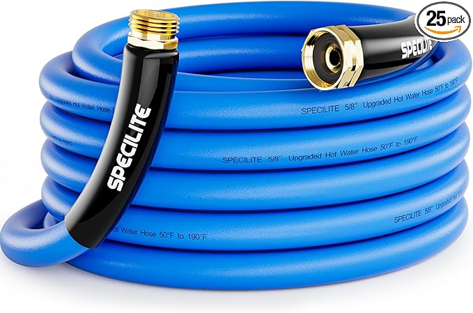 SPECILITE Hot/Cold Garden Water Hose 25 ftx 5/8 in, -50℉ To 190℉, Heavy Duty, Flexible, Burst 605 Psi, Lightweigh, Upgraded Rubber Pipe with 3/4" Brass Fittings For Backyard, Outdoor, Farm, Blue