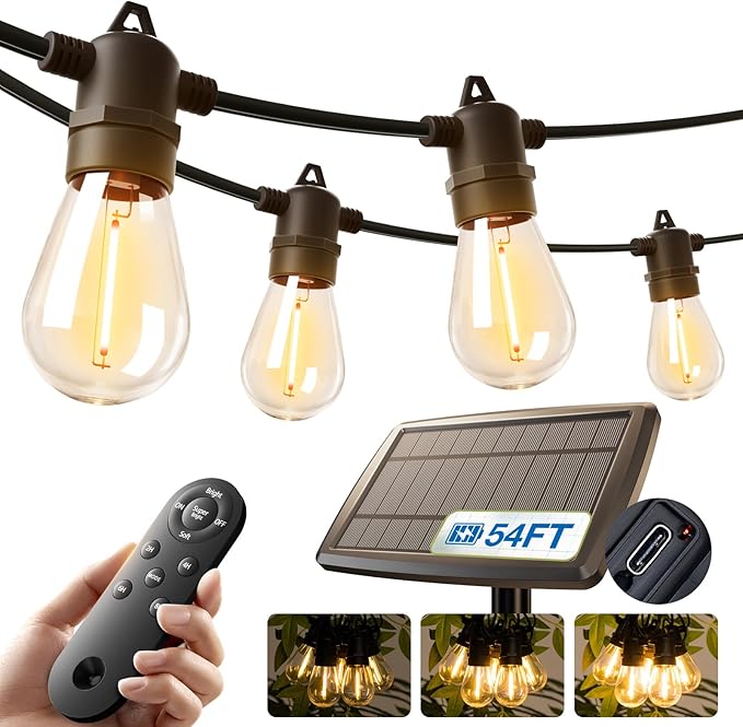 KYY 54FT Solar String Lights Outdoor Waterproof with USB Charging & Remote, Dimmable & Timable, Solar Powered Patio Lights with LED Shatterproof Bulbs for Deck Backyard Porch Garden Camping