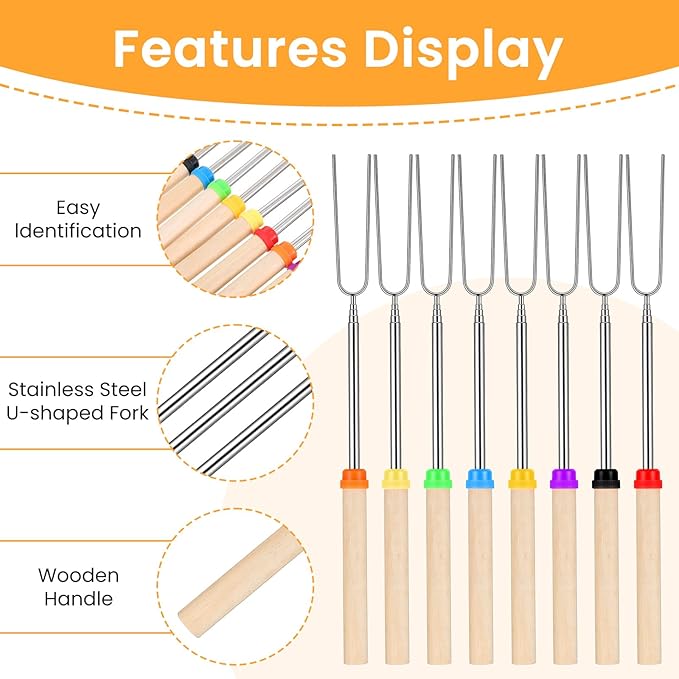 24 Pack 32 Inch Stainless Steel Extendable Marshmallow Roasting Sticks Smores Sticks Skewers for Fire Pit, Hot Dog Camping Forks, Fire Pit Accessories