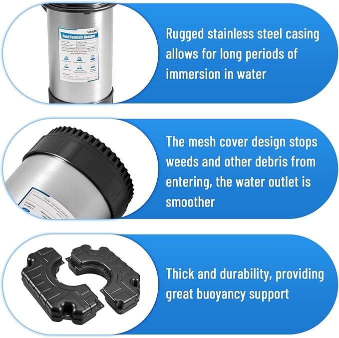 Pond Fountain Aerator, 1HP 15000 GPH Stainless Steel Floating Fountain with Timer, 100 FT Power Cord, 110V 750W, for Outdoor Backyard Water Garden