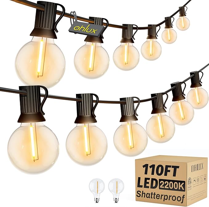 OHLUX Outdoor String Lights,110FT Dimmable Patio Lights with 58 G40 Shatterproof 2200K LED Bulbs(2 Spare),Waterproof Hanging Lights String for Outside Backyard,Cafe,Porch,Deck,Porch(110FT*1strand)