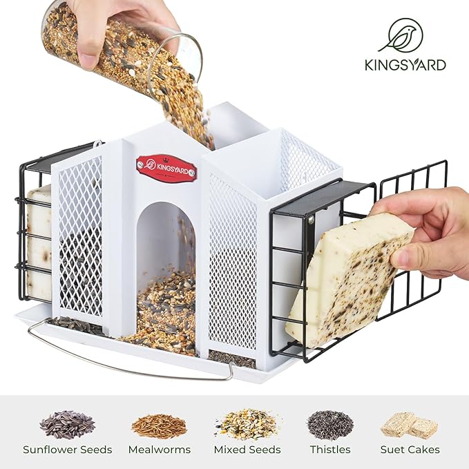 Kingsyard Large Metal Bird Feeders for Outdoors Hanging with Weatherproof Roof, 4 in 1 Removable Double Suet Feeder for Woodpecker, 4 Lbs Capacity for Cardinal Finch Chickadee, White