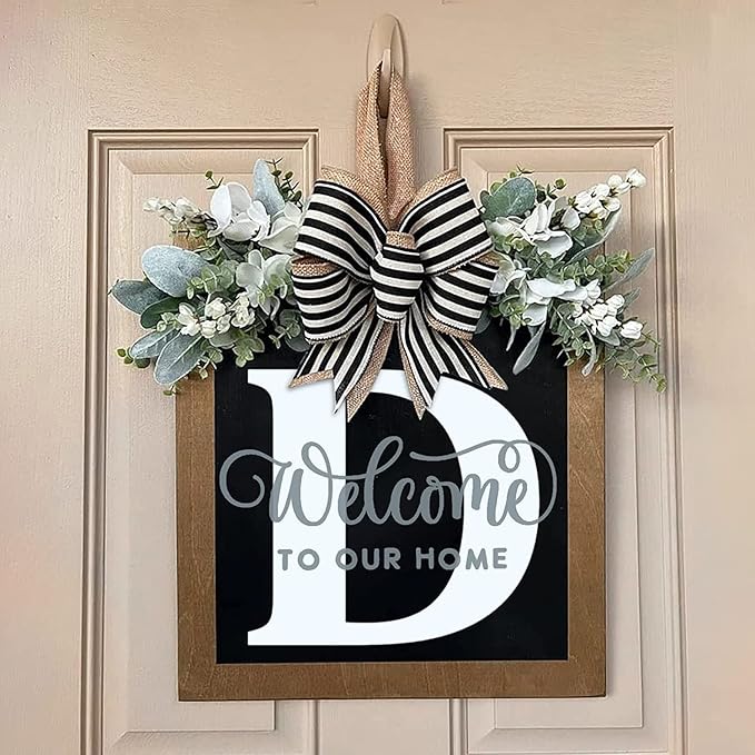 Last Name Front Porch Decor, Welcome Sign Door Wreath, Outdoor Decorations, 26 Letter Hanging Wreath, Spring Monogram for All Seasons (D)